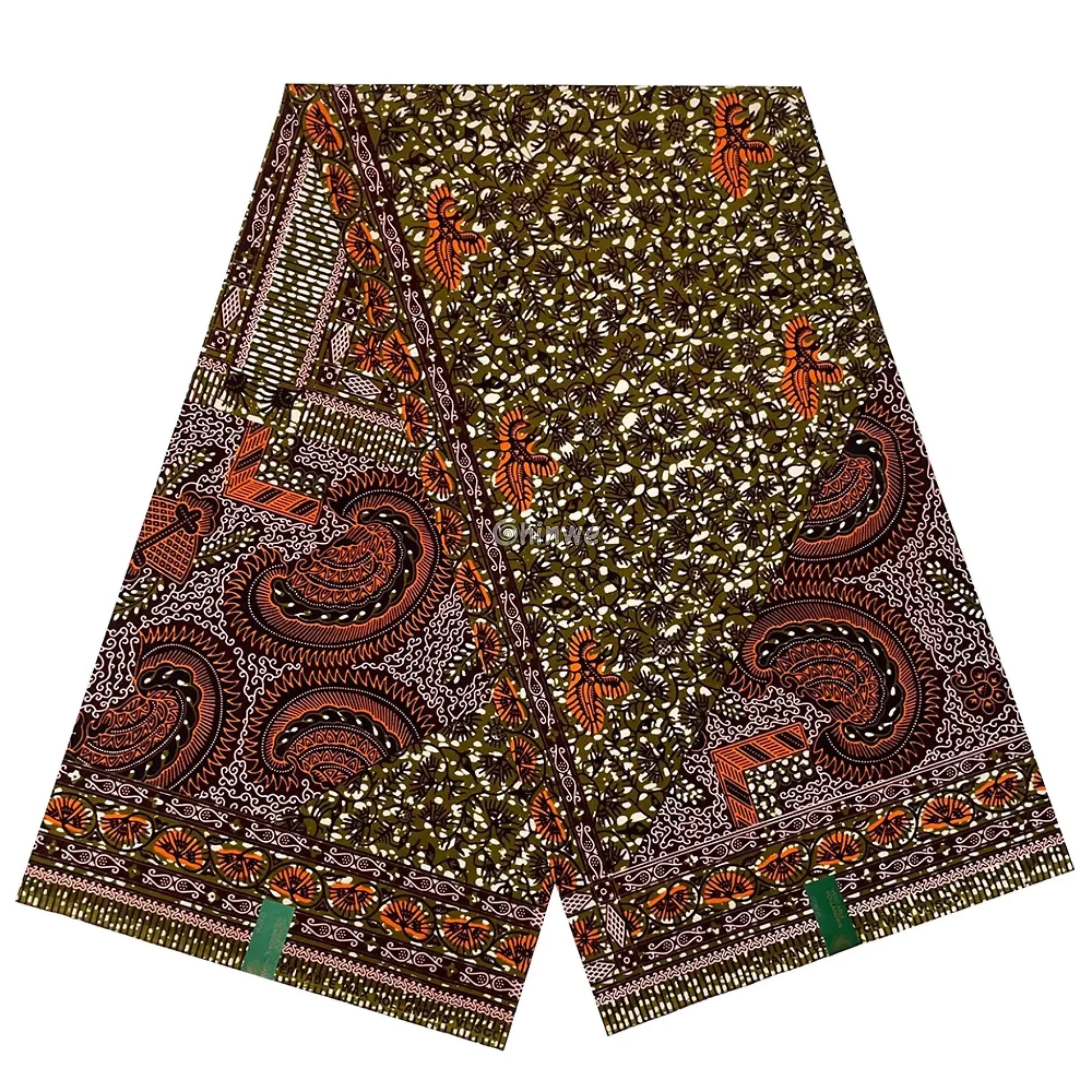 Elegant Brown and Olive Ankara Fabric – Paisley and Floral African Wax Print 6 Yards African Wax Print Fabric