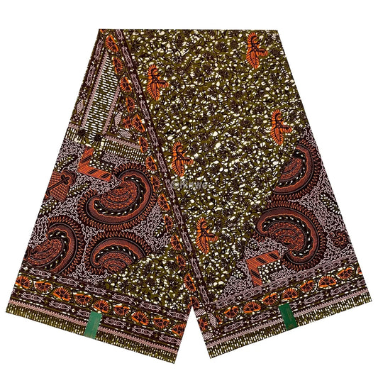 Elegant Brown and Olive Ankara Fabric – Paisley and Floral African Wax Print 6 Yards African Wax Print Fabric