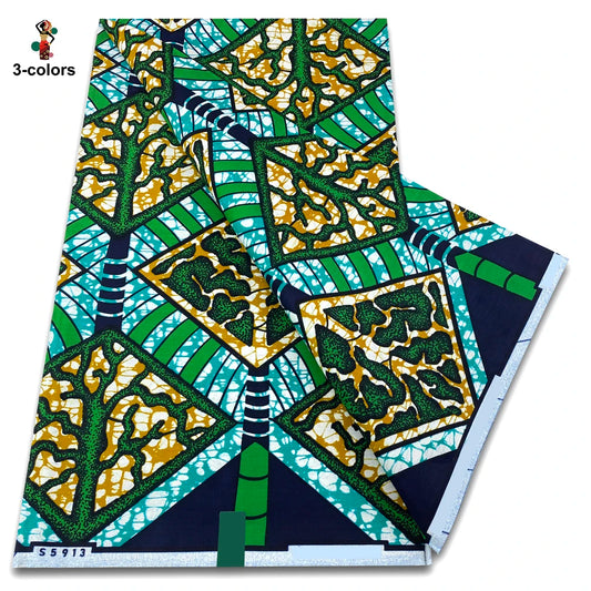 Emerald Diamond Lattice Ankara Real Wax Print – Teal and Lime, 100% Cotton, 6 Yards