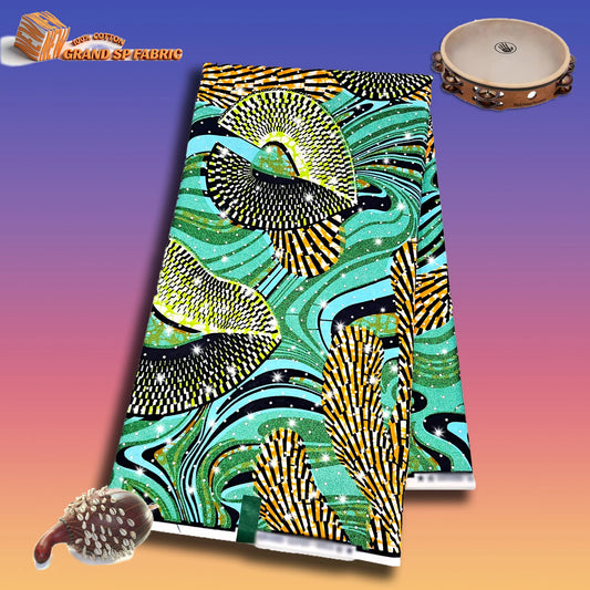 Teal Rhinestone Wave Stoned Wax Print – Gold & Black, Hot-Fix Rhinestones, 6 Yards