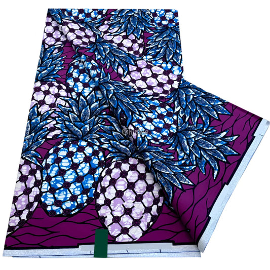 African Wax Print with Blue Pineapples and Sapphire Leaves on Purple Ground Circular Batik Detailing Royal Purple