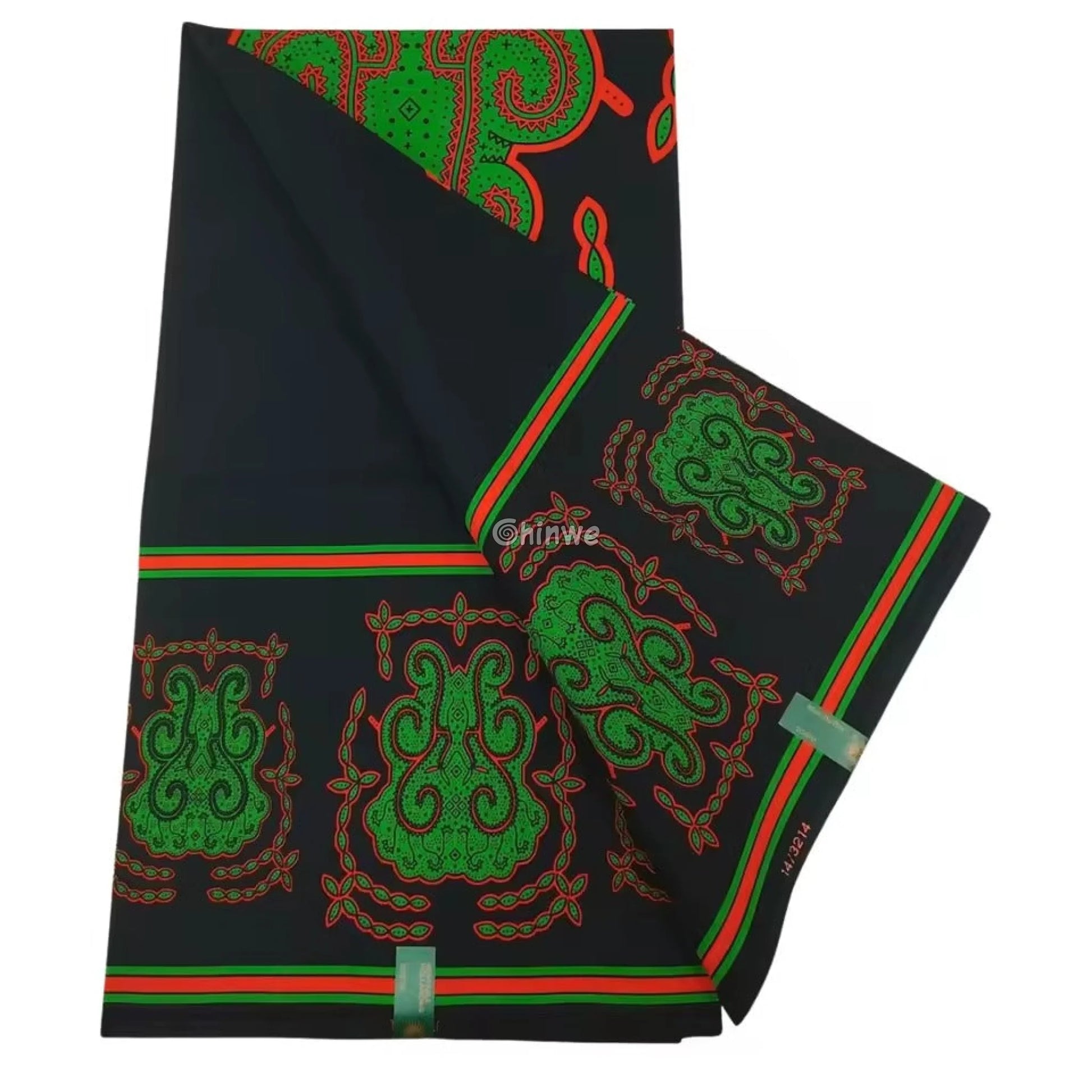 Modern Navy Ankara with Vibrant Green and Red Paisley Accents – Contemporary African Wax Print Fabric 6 Yards African