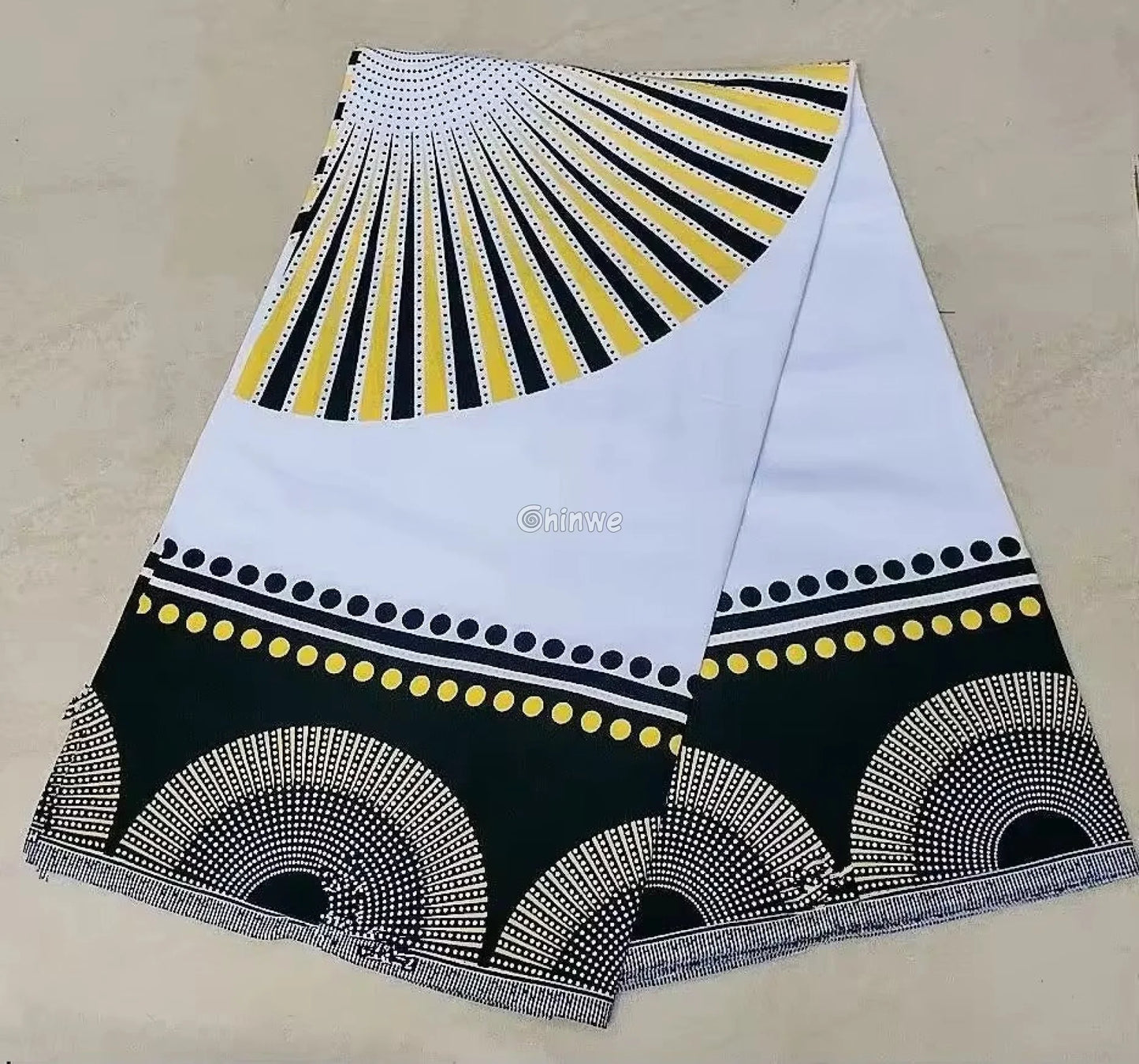Sunburst and Dotted Arch African Wax Print Fabric in Black White and Yellow 6 Yards African Wax Print Fabric