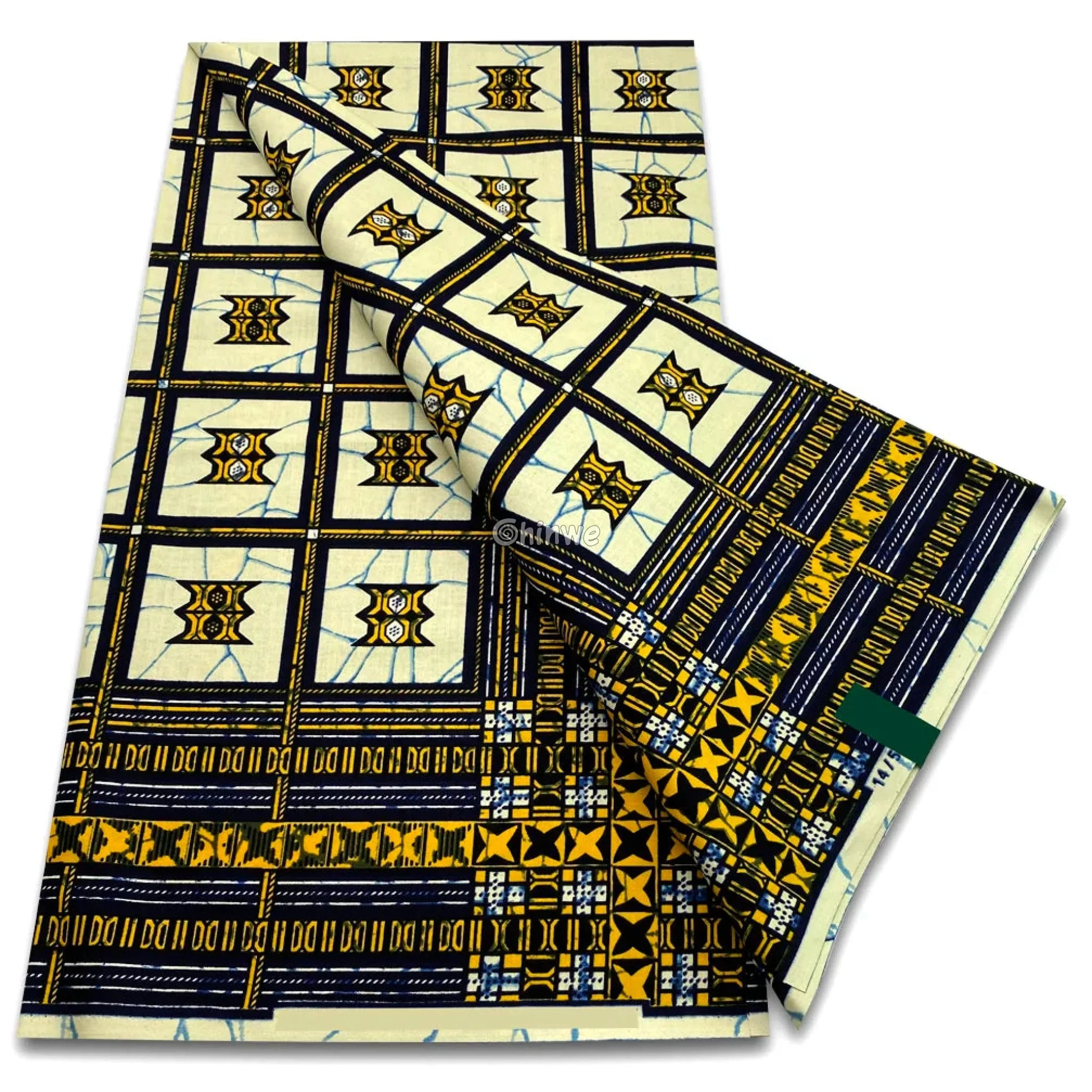 Geometric Tile Grid with Gold and Navy Starburst Accents and Crackled Ivory Backdrop 6 yards African Wax Print Fabric