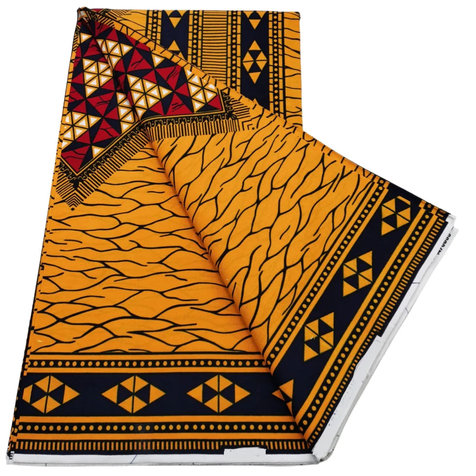 Mustard and Black Wave Border Ankara wax print fabric, 6 yards
