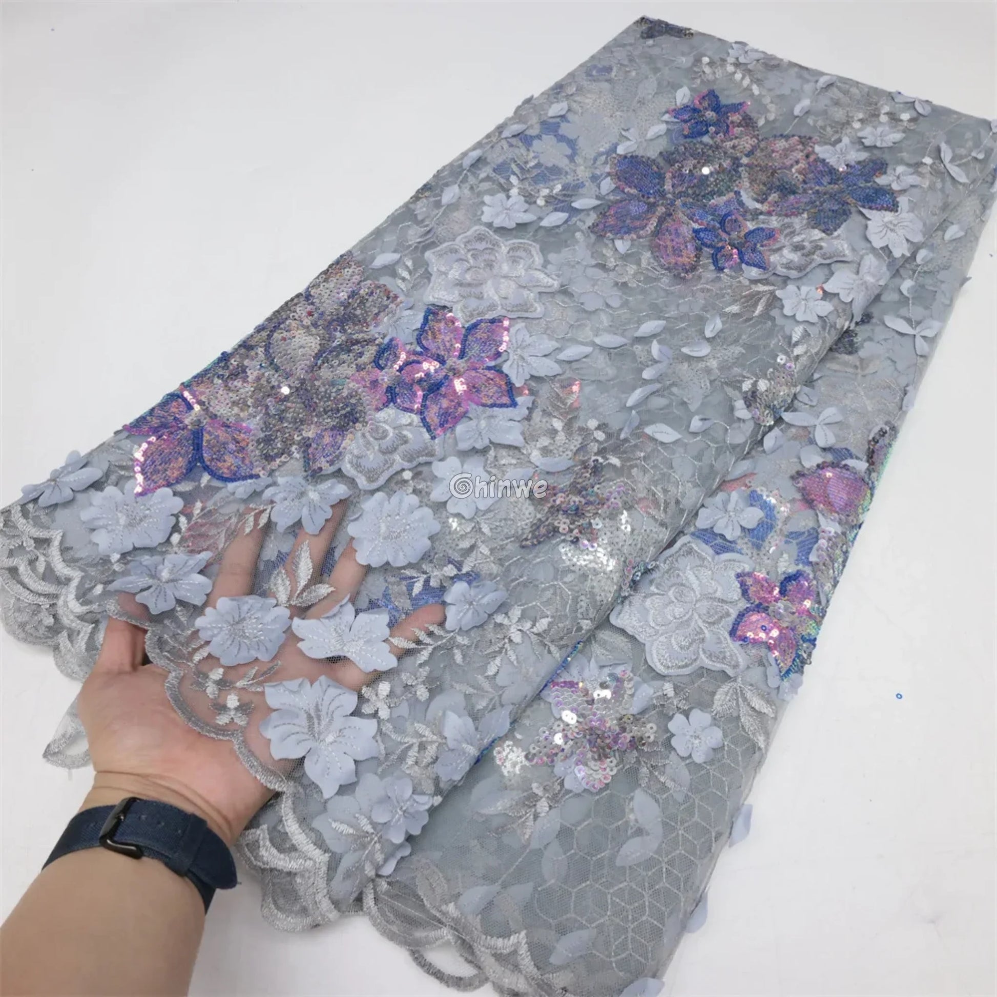Embroidered 3D Sequin Lace Fabric with Floral Appliqué on Soft Tulle Mesh for Couture Sewing Projects Silver grey with