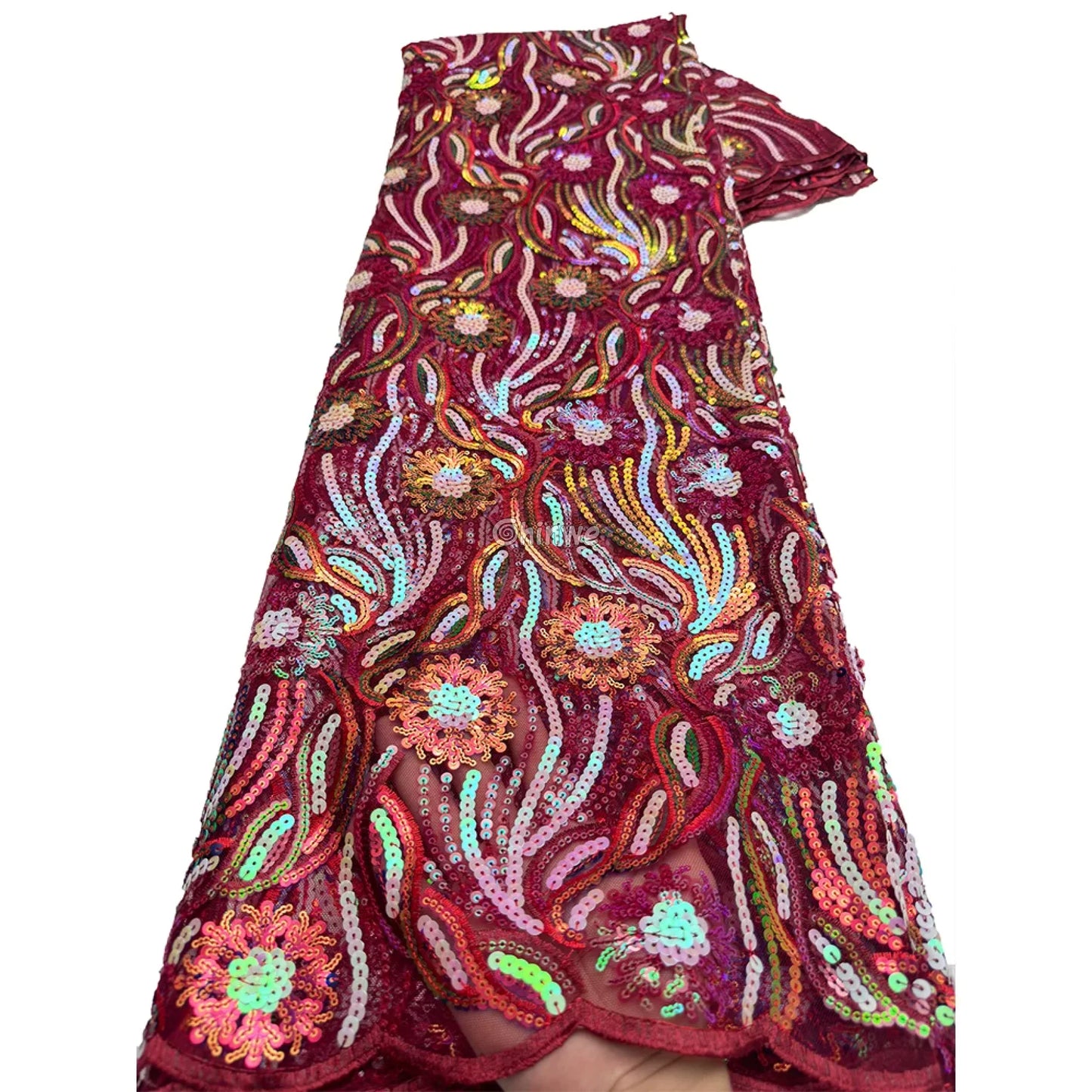 Amethyst & Rose Swirling Waves & Floral Medallion Sequin Print Fabric Garnet & Wine Swirl / 5 Yards / 120cm Lace