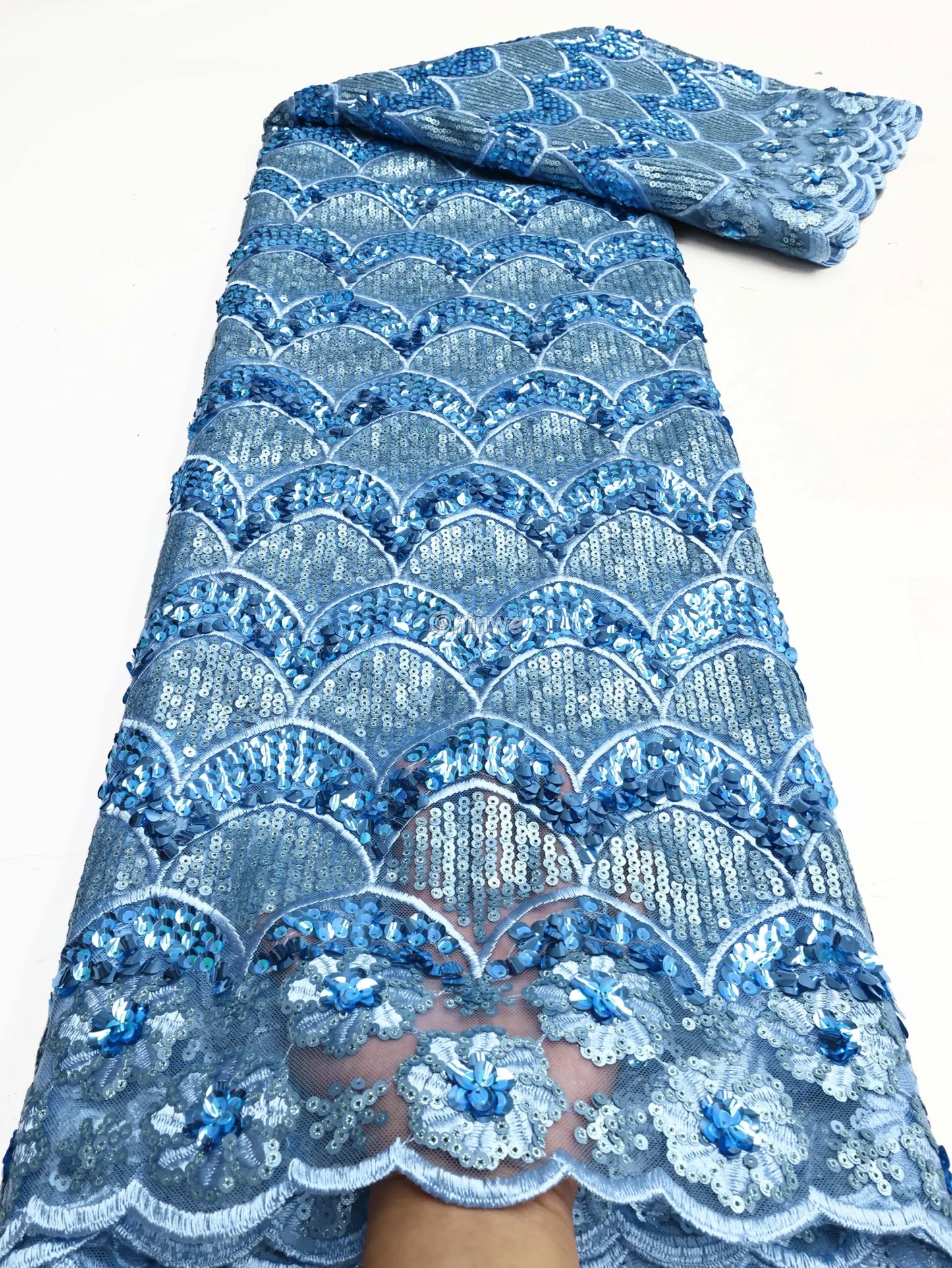 Scalloped-Arch Sequin Lace Print Fabric with Embroidered Floral Border and Sequined Sheen Sky Blue Scalloped‐Arch