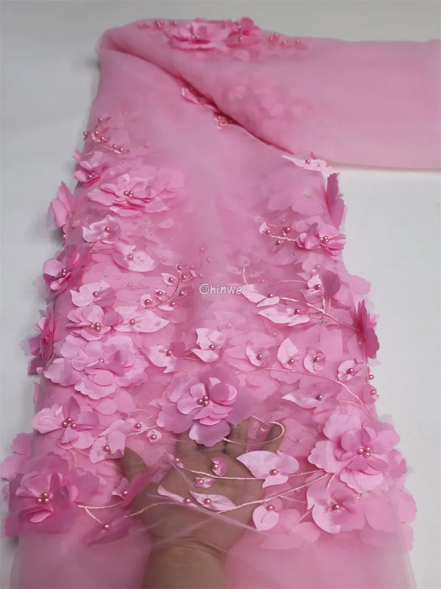 vory Blush Pink Peach & Scarlet Red 3D Floral Appliqué Mesh Lace with Beaded Embroidery Bubblegum Pink / 1 Yards / 120cm