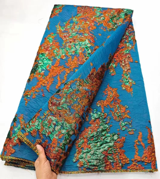 Luxurious Jacquard Brocade with Iridescent Foil Accents & Abstract Marbling Motif Emerald Green Base with Lavender &