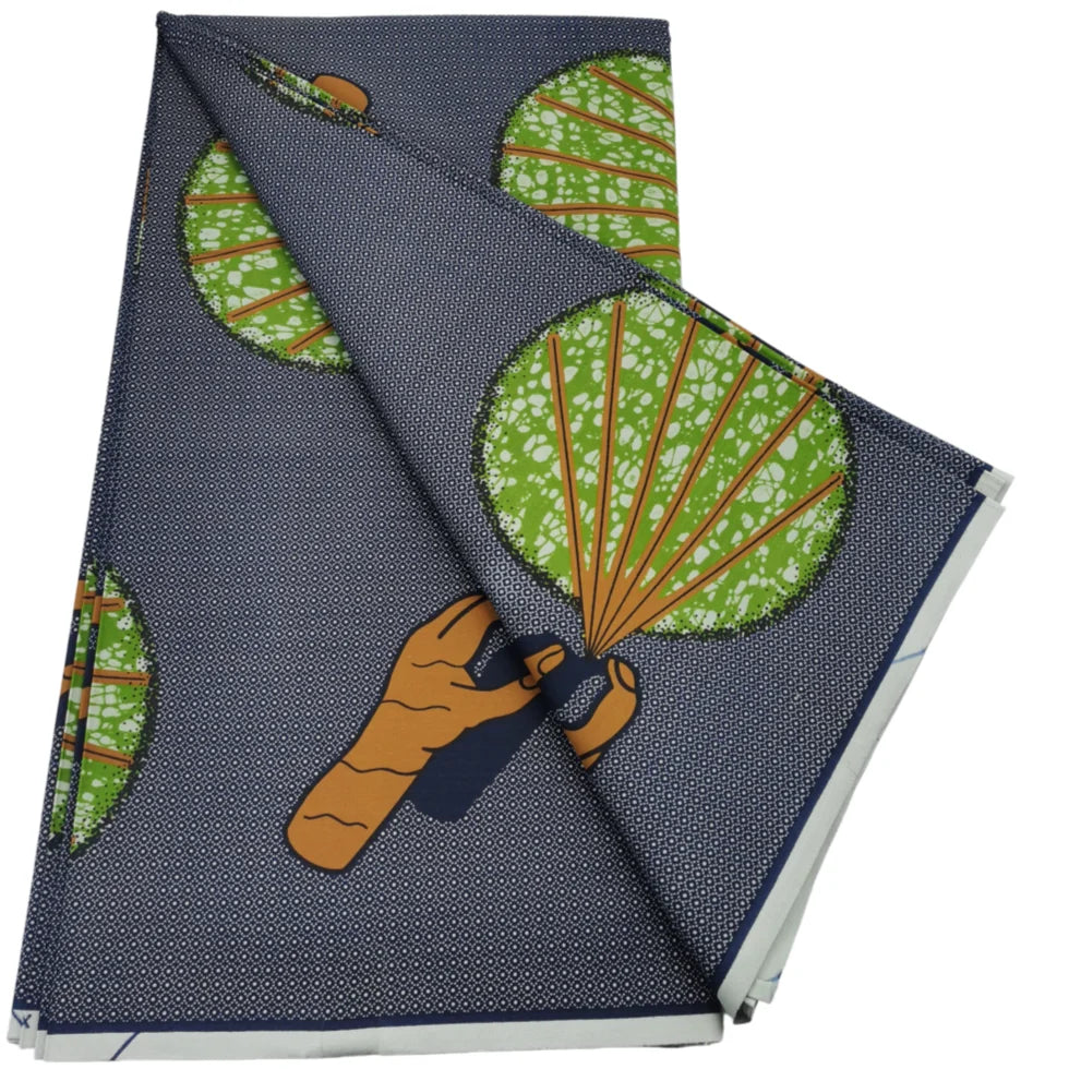 Charcoal and Green Hand Fan Ankara wax print fabric, 6 yards