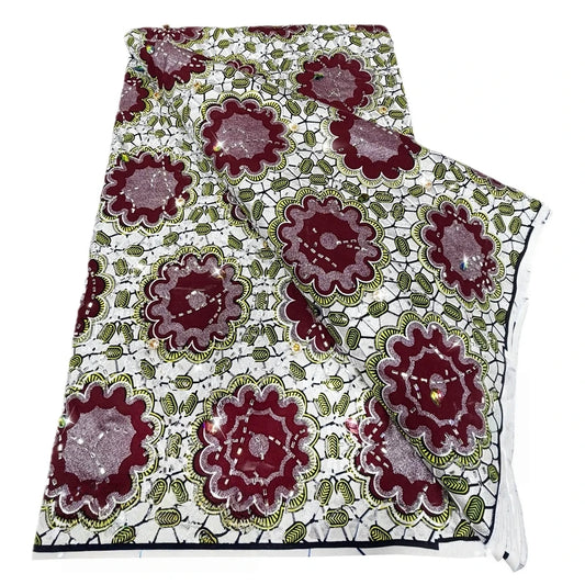 Burgundy Bloom Lattice Stoned Wax Print – Heavyweight Poplin with Stones, 6 Yards