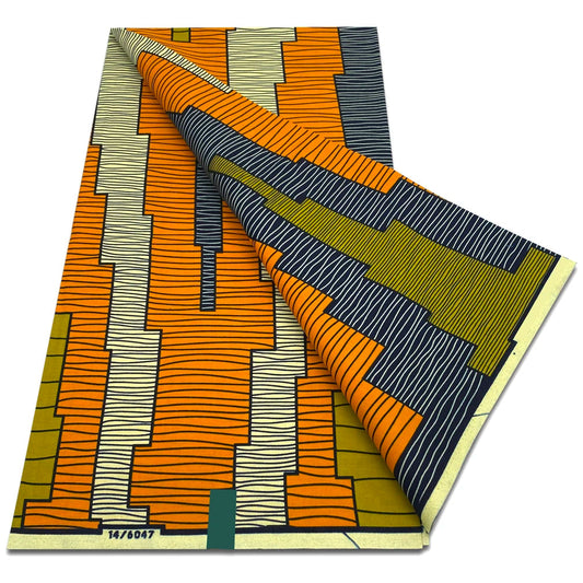 Orange, olive and navy wave stripe Ankara wax print fabric, folded 6-yard piece