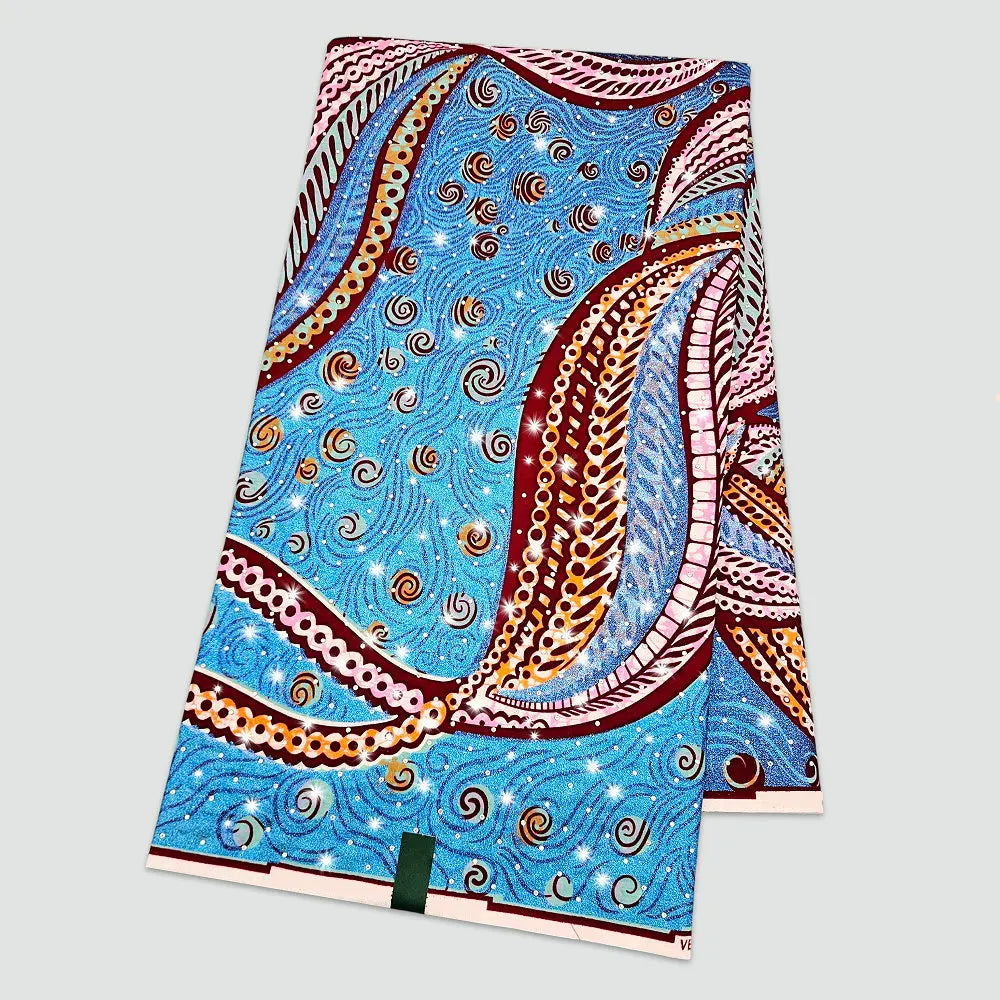Sky Blue Paisley Wave Stoned Wax Fabric – Burgundy & Peach, Grand Super Wax with Rhinestones, 6 Yards