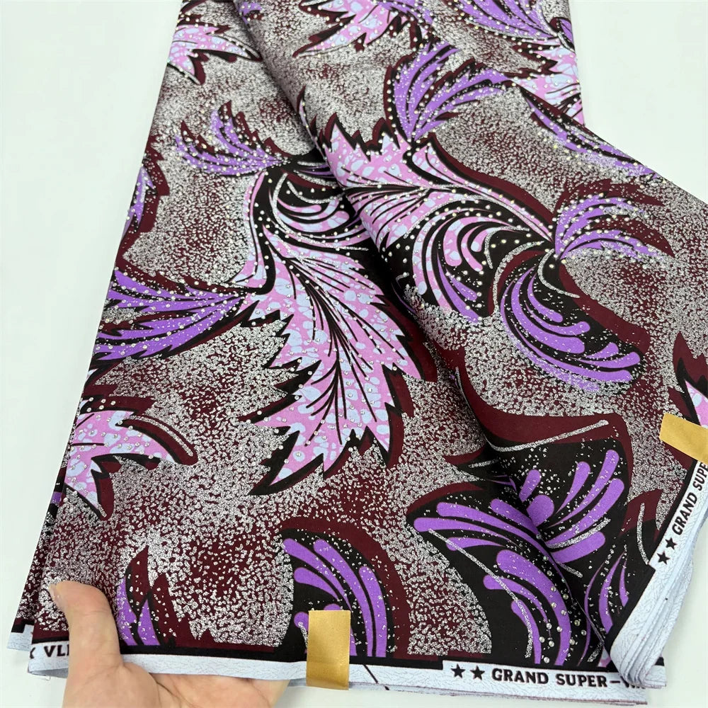Lilac & Plum Feather Stoned Wax Fabric – Grand Super Wax with Rhinestones, 6 Yards