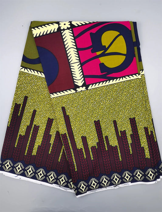 City Skyline Ankara Real Wax Print – Burgundy Silhouette on Olive with Pink Panel, 100% Cotton, 6 Yards