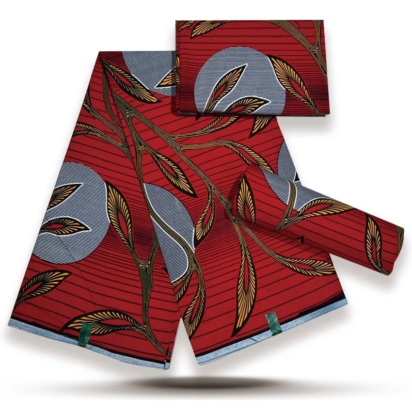 Red Leaf Moon Ankara Real Wax Print – Gold Leaves & Grey Moons, 100% Cotton, 6 Yards