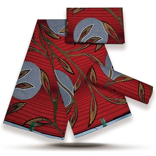 Red Leaf Moon Ankara Real Wax Print – Gold Leaves & Grey Moons, 100% Cotton, 6 Yards
