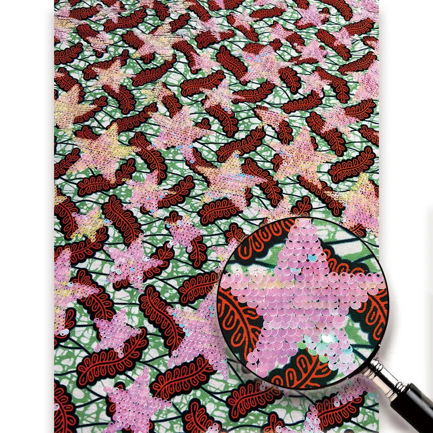 Star Bloom Sequin Wax Fabric – Lime & Maroon, Red & Teal, Black & White or Maroon & Green, 100% Cotton, 6 Yards