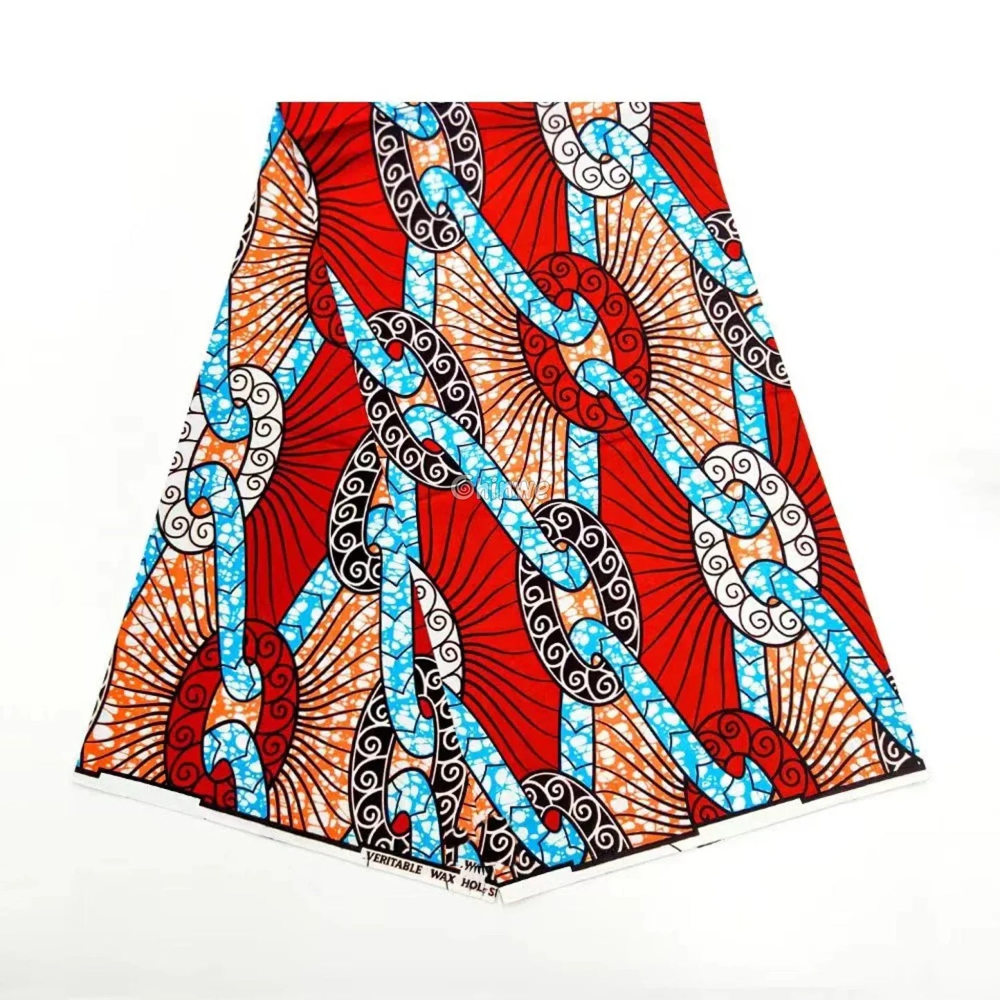 Linked Sunburst Circle & Chain Motif Ankara Wax Print on Red Crackle Base with Blue Accents Crimson Chainlink / 6 Yards