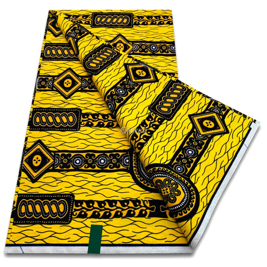 Sunburst yellow wax print with tribal rope diamonds swirl stripes and ornamental medallions Sunburst Yellow & Black