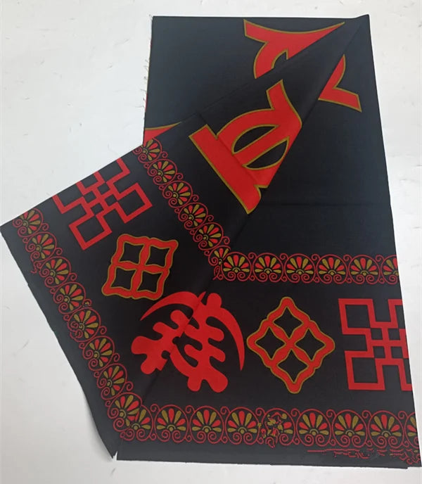 Red Adinkra Symbols on Black Ankara Real Wax Print – Ghana Heritage, 100% Cotton, 6 Yards