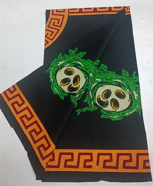Green Medallion & Orange Greek Key on Black Ankara Real Wax Print – 100% Cotton, 6 Yards