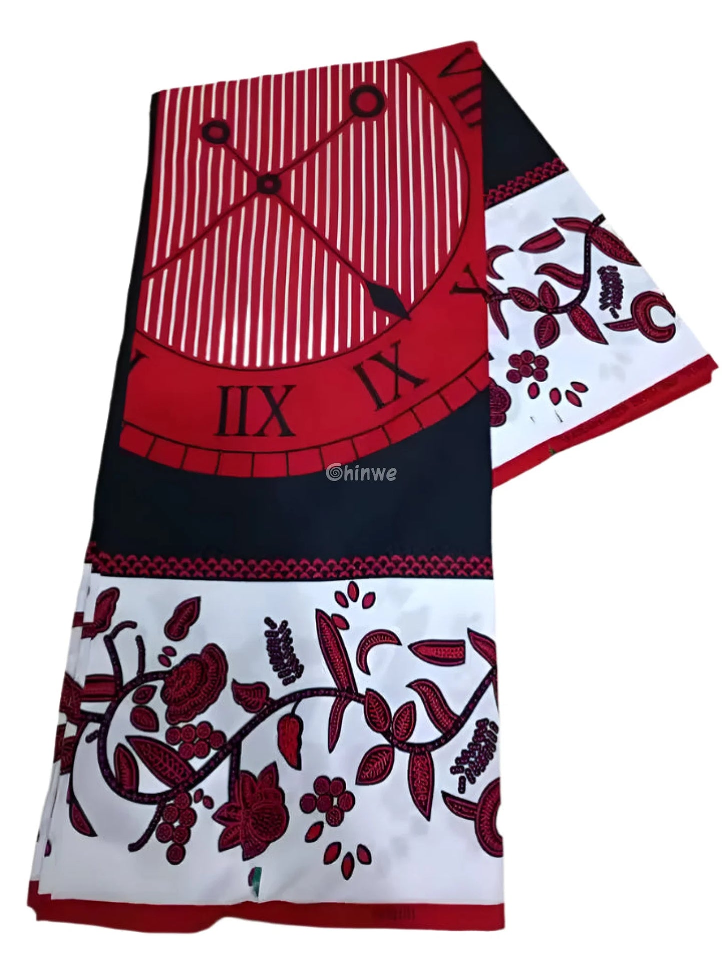 Red and Black Ankara Fabric with Clockface and Floral Border Design 6 Yards African Wax Print Fabric