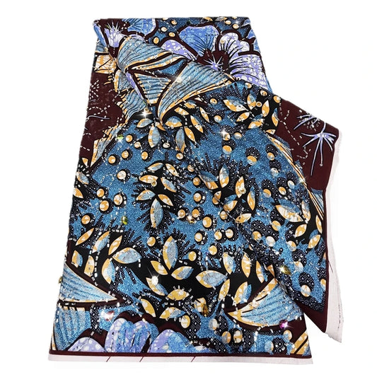 Navy & Gold Leaf Stoned Wax Print – Heavyweight Poplin with Stones, 6 Yards