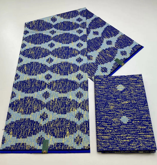 Cobalt and Pale Blue Geometric Kente-Style Print Fabric, 6 Yards
