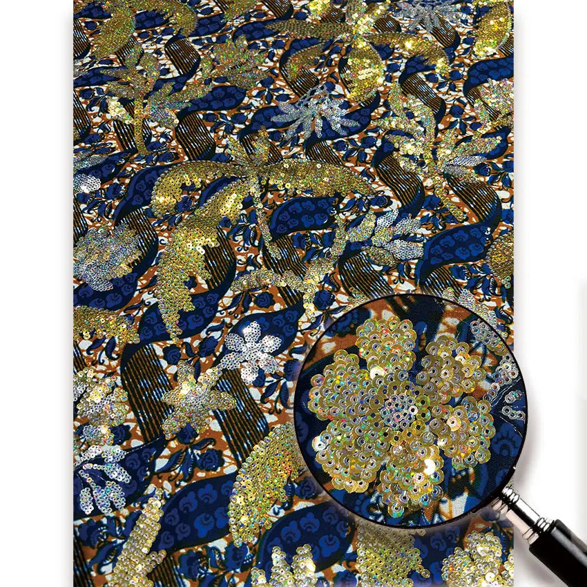 Navy & Gold Floral Sequin Wax Fabric – Gold Sequin Flowers, 100% Cotton, 6 Yards