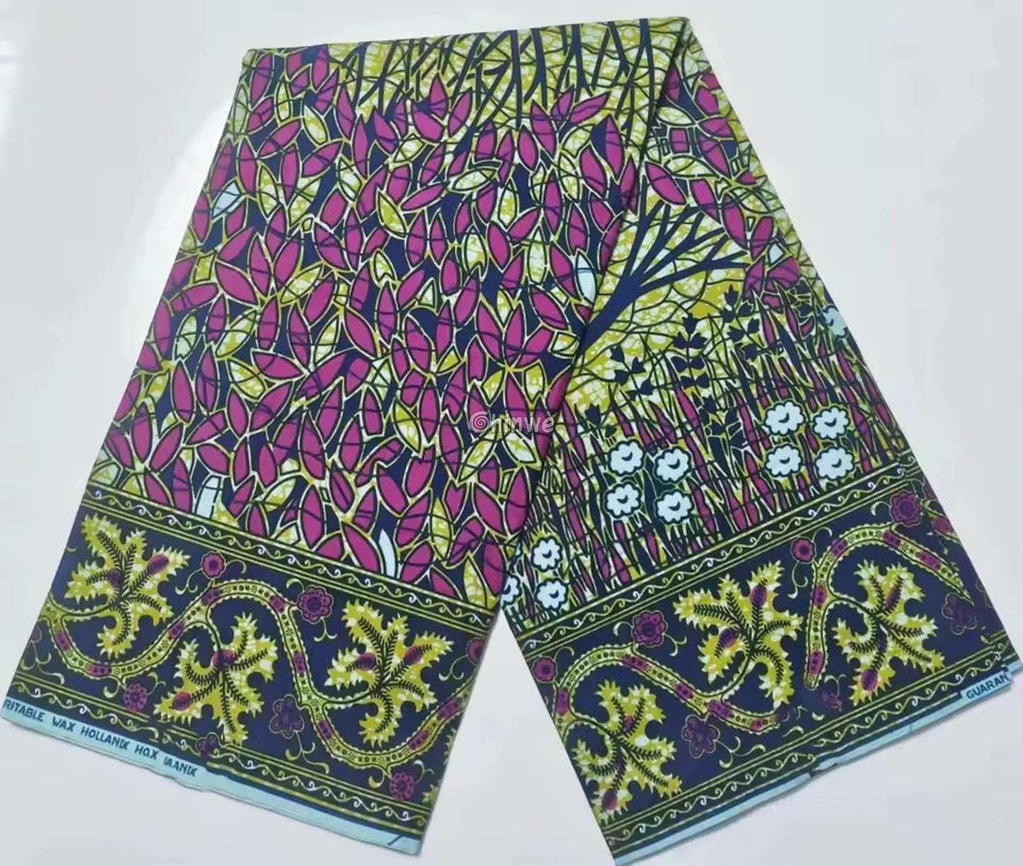 Pink Yellow and Black Ankara Fabric with Leaf and Floral Border Design 6 Yards African Wax Print Fabric