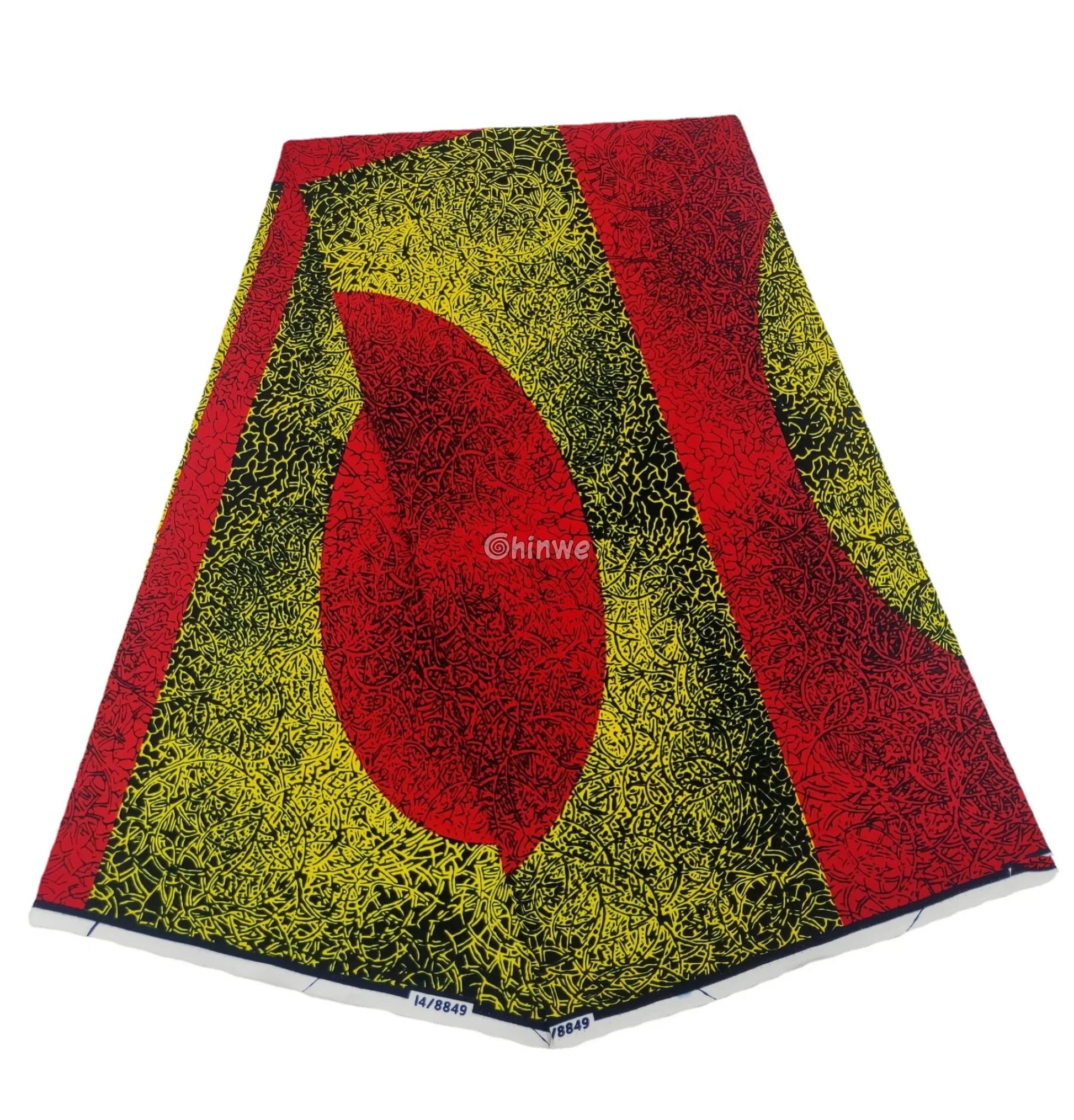 Abstract Teardrop & Gradient Block Motif Ankara Wax Print on Yellow & Black Crackle Base Scarlet Teardrop / 6 Yards