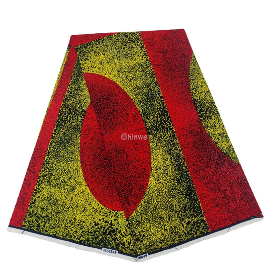 Abstract Teardrop & Gradient Block Motif Ankara Wax Print on Yellow & Black Crackle Base Scarlet Teardrop / 6 Yards
