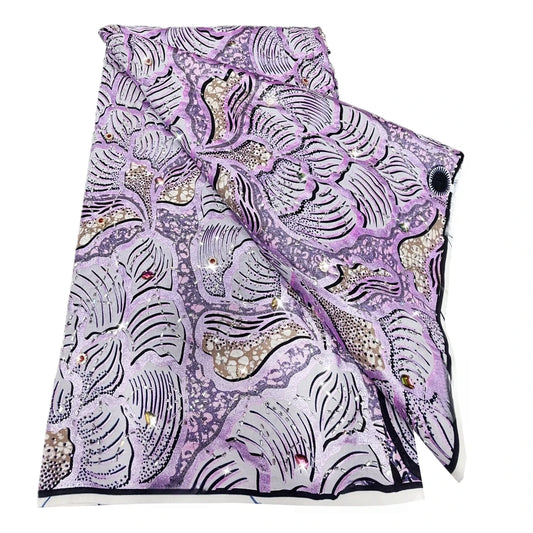 Lilac Feather Stoned Wax Print – Heavyweight Poplin with Stones, 6 Yards