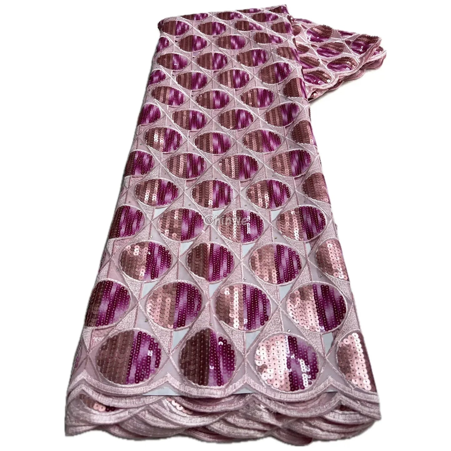 Embroidered Sequined Rose Pink & Champagne Circle Lattice Mesh Print Fabric Blush Pink & Mauve Circle Lace / 5 Yards