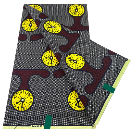 Yellow Medallion Ankara Wax Print Fabric with golden discs on charcoal grey, 6 yards