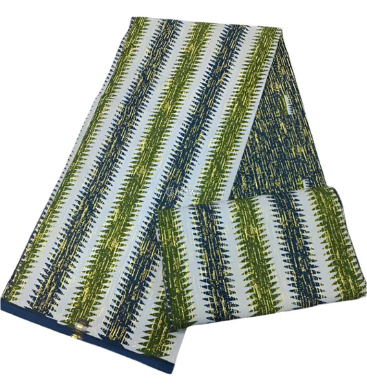 Green Blue & White Kente Weave with Zigzag Stripe Motif and Textured Metallic Threads Forest Green & Navy Kente