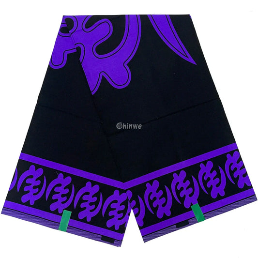 Bold Adinkra Symbol Fabric – Purple Patterns on Black Cotton Wax Print 6 Yards African Wax Print Fabric