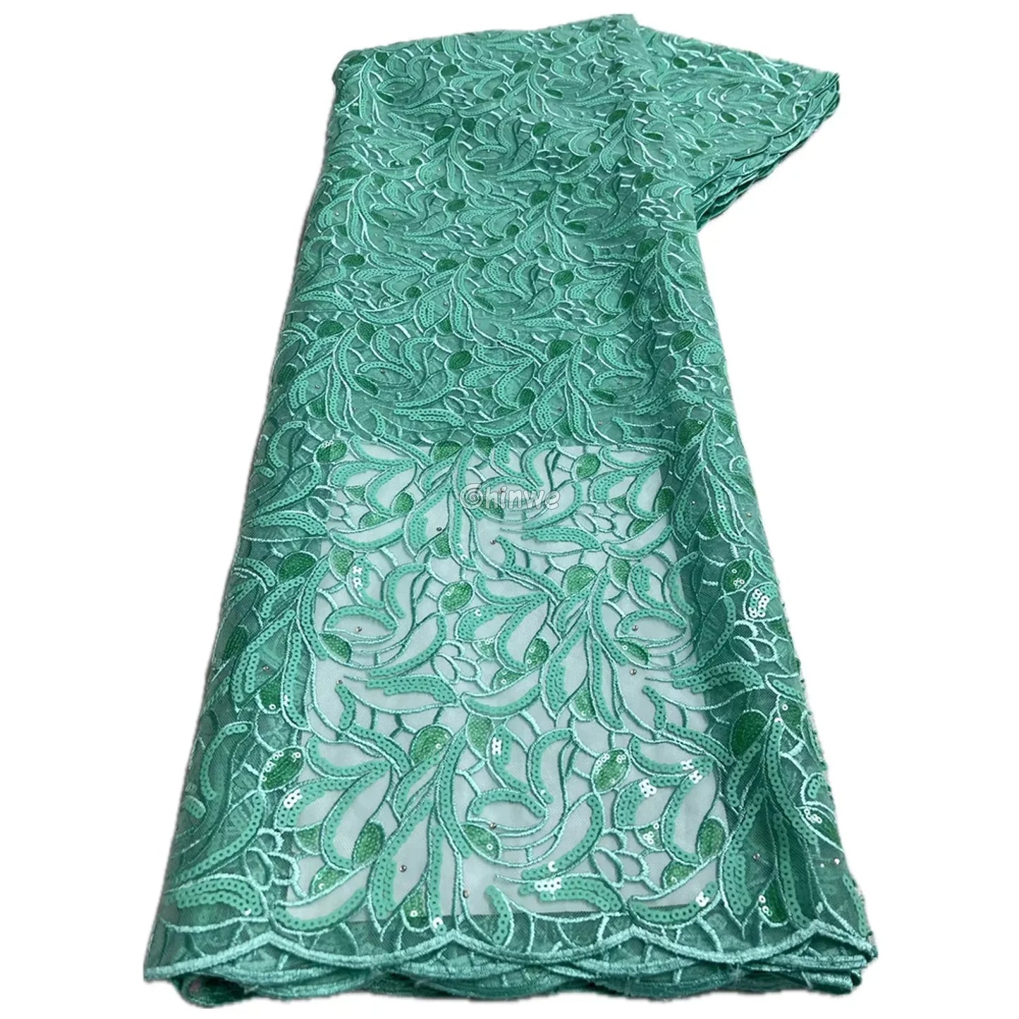 Emerald & Midnight Black Sequined & Embroidered Leaf & Vine Appliqué Mesh Print Fabric Mint Green & Teal Leaf Appliqué