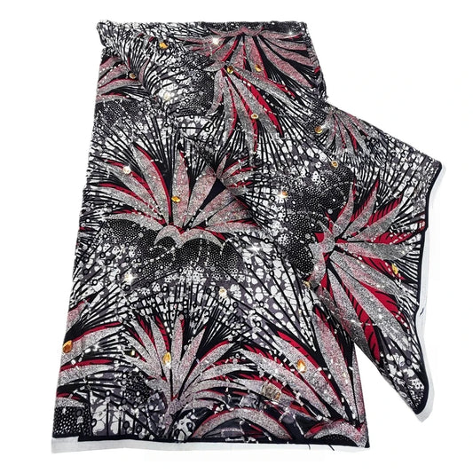 Midnight Red Palm Stoned Wax Print – Heavyweight Poplin with Stones, 6 Yards