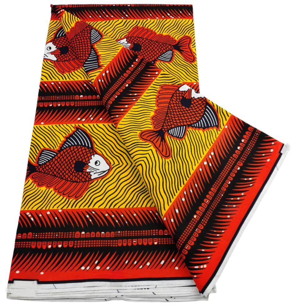 Yellow and Red Fish Border Ankara wax print fabric, 6 yards