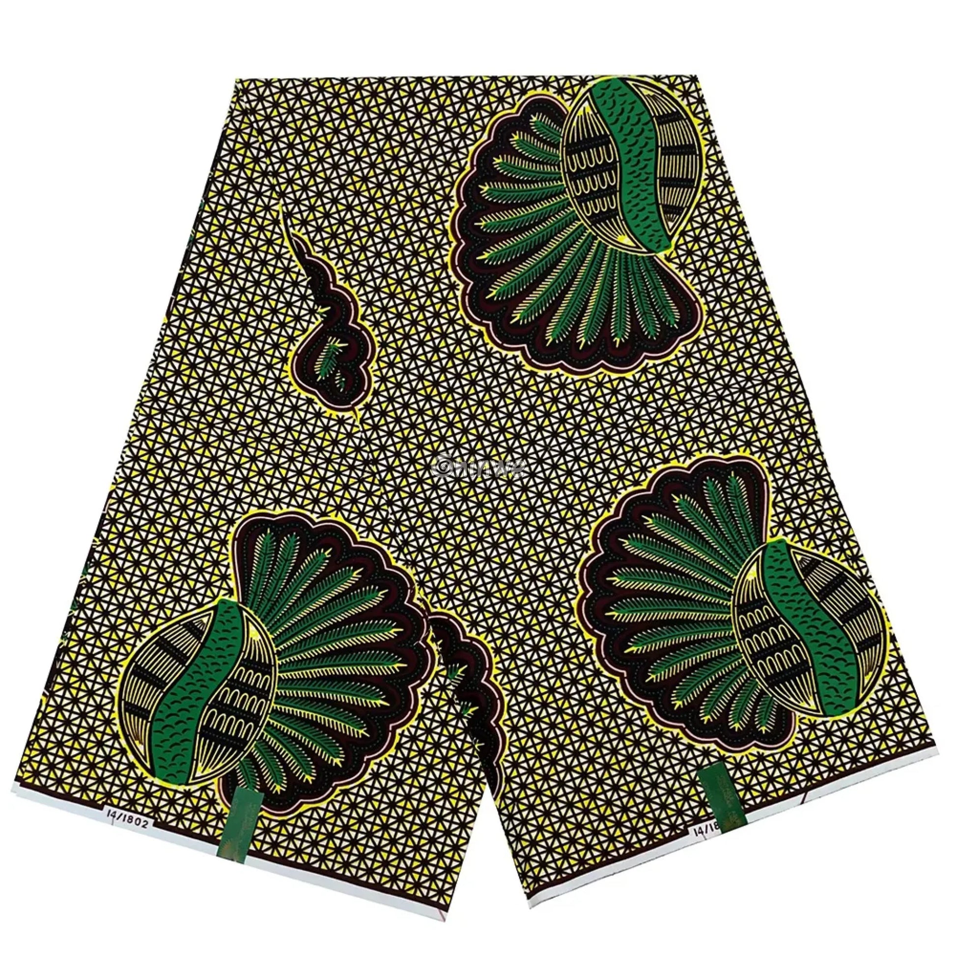 Green and Gold Shell Motif Fabric – Vibrant Ankara Wax Print with Geometric Background 6 Yards African Wax Print Fabric
