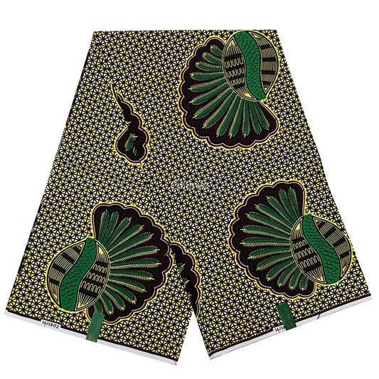 Green and Gold Shell Motif Fabric – Vibrant Ankara Wax Print with Geometric Background 6 Yards African Wax Print Fabric