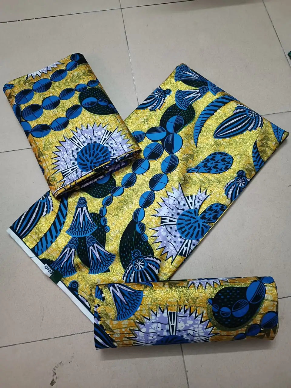 Yellow and Royal Blue Thistle Bead Ankara gold wax print fabric, 6 yards