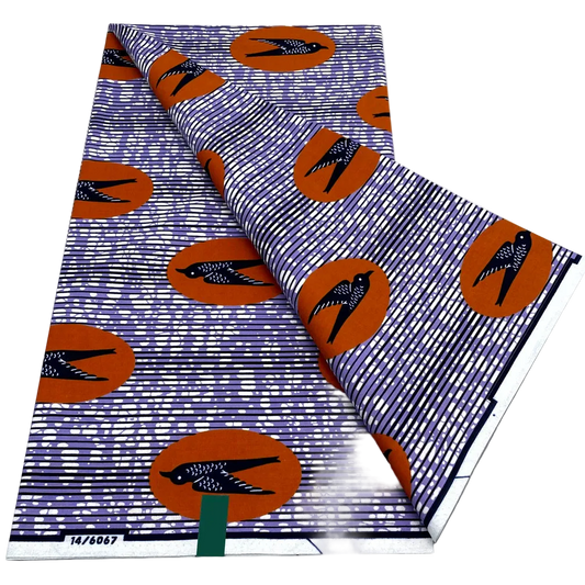 Swallow Bird Ankara Wax Print Fabric with orange circles on lilac stripes, 6 yards