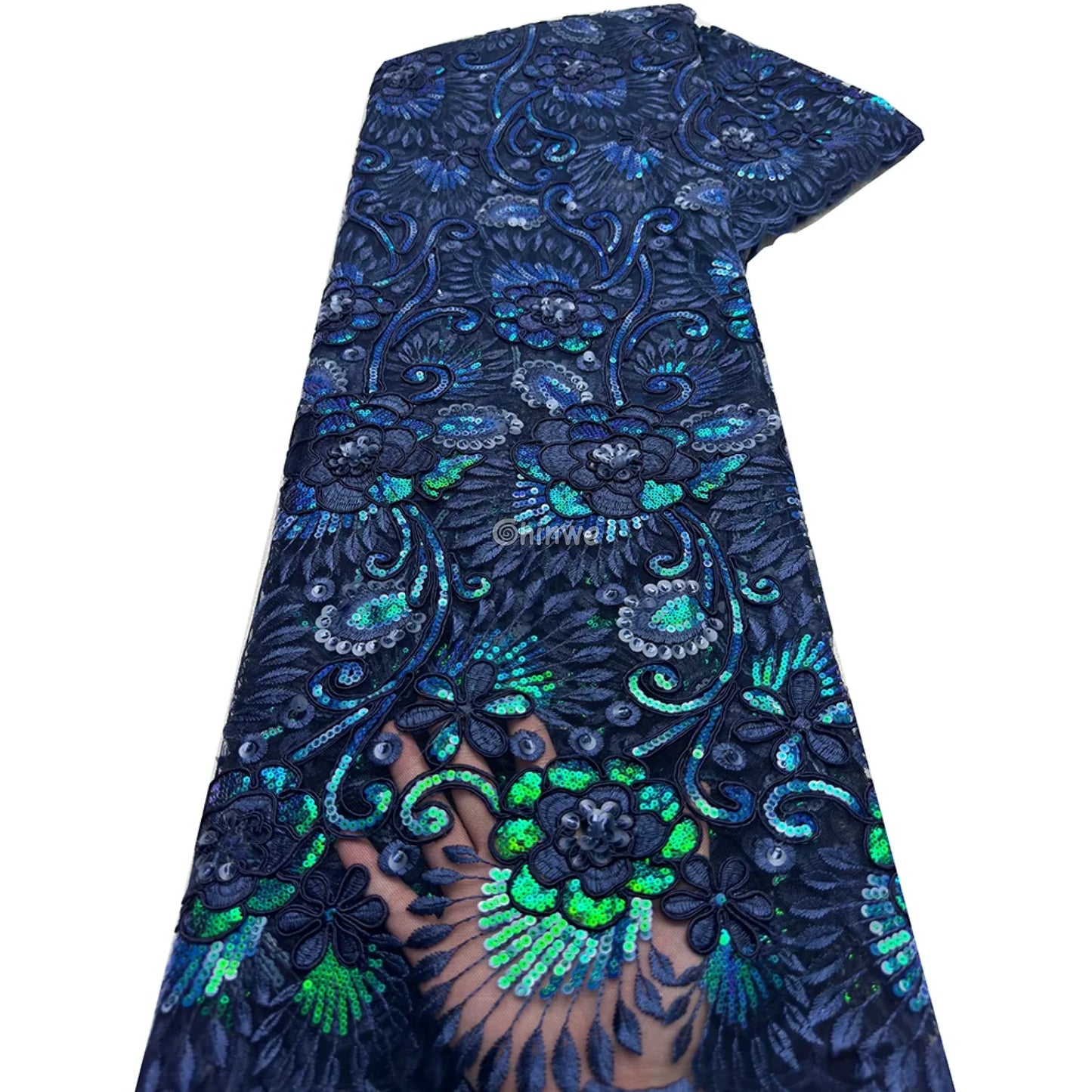 Emerald & Sapphire Blue Floral Vine Lace with Raised Petal Motifs and Iridescent Sequin Embellishments Midnight Navy &