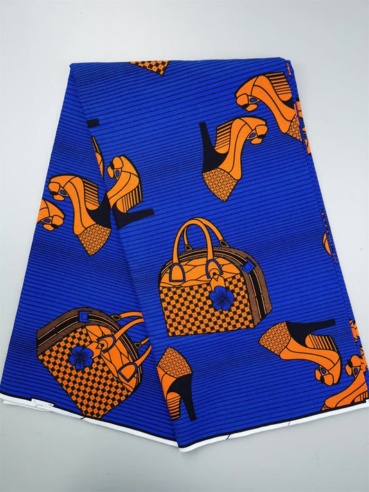 Handbags & Heels on Royal Blue Ankara Real Wax Print – Orange Checks, 100% Cotton, 6 Yards