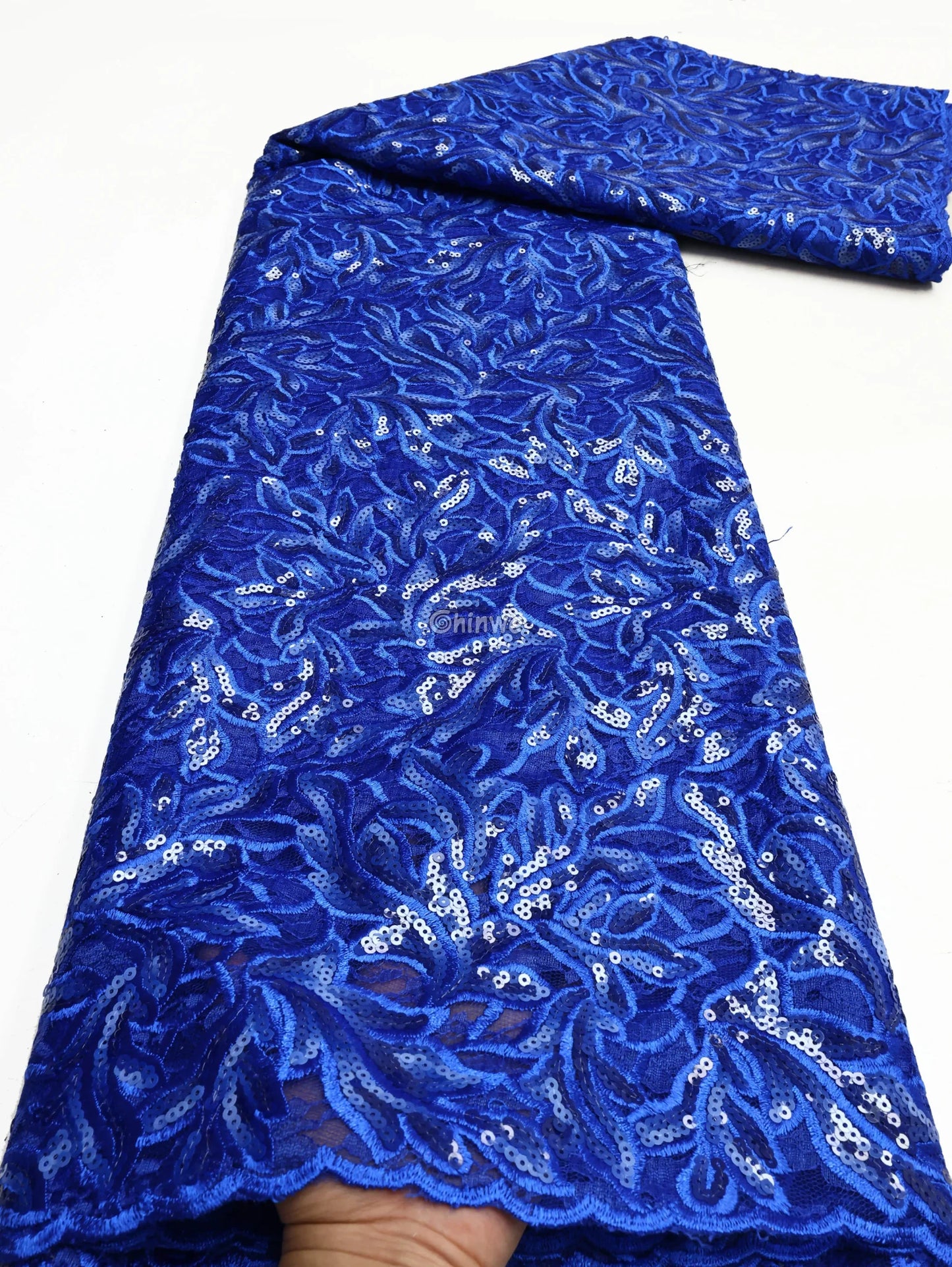 Jewel Tone & Metallic Accent Geometric Circle & Medallion Sequined Print Fabric Royal Sapphire Leaf Sequined Lace / 5