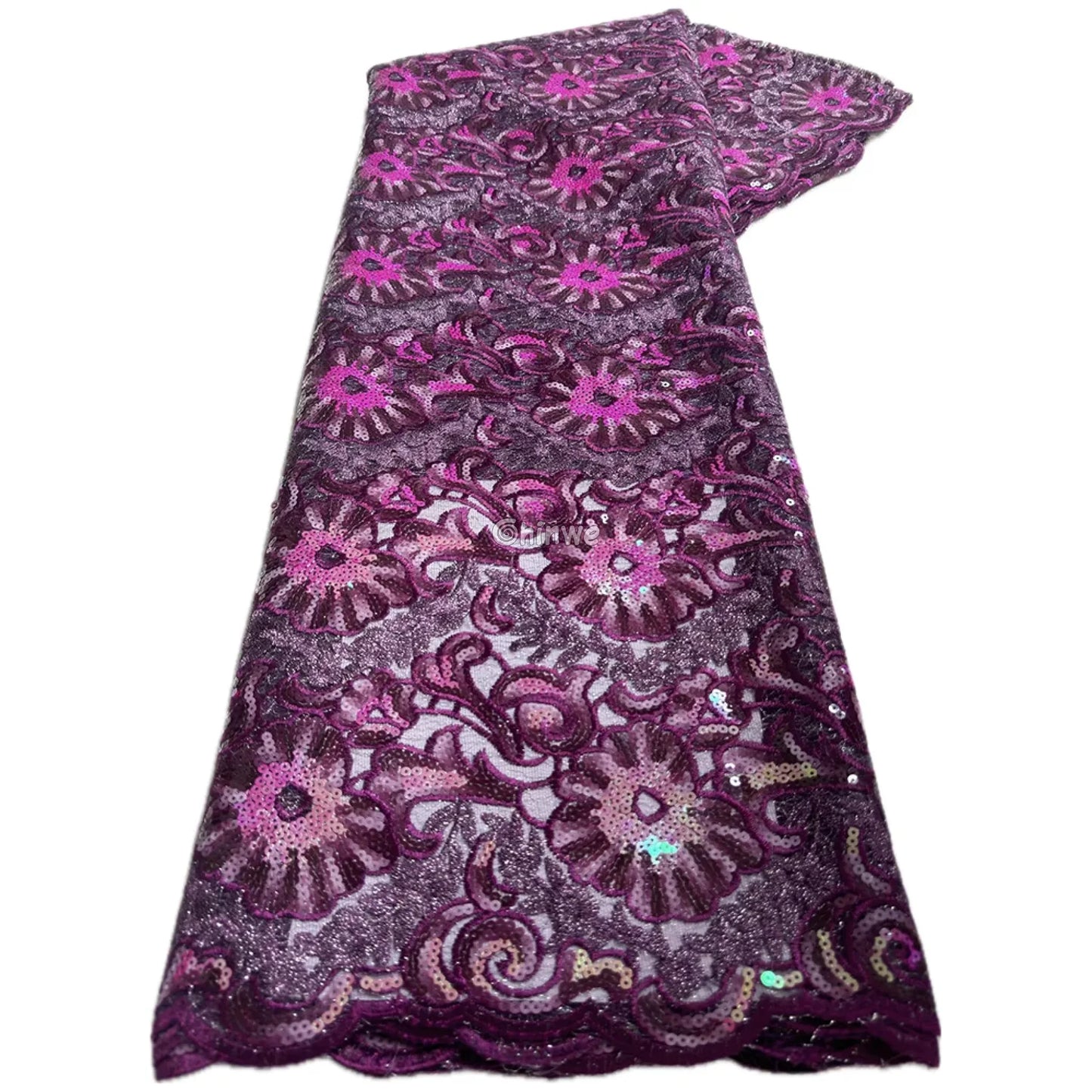 Cobalt & Aqua Floral Medallion Sequin Lace Print Fabric with Scalloped Edge and Lustrous Sheen Plum & Magenta Floral